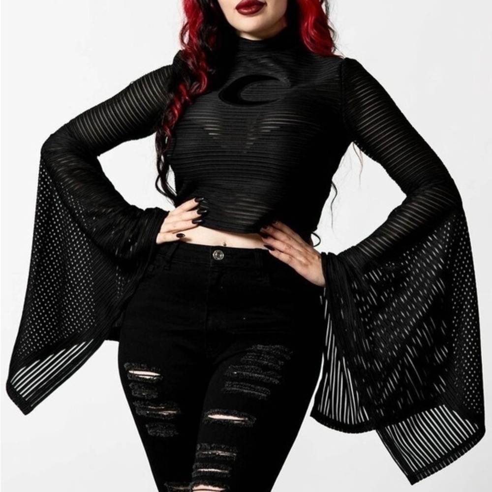 Killstar Phases 🌙 Striped Top Black Long Bell Sleeve Size M Discontiued